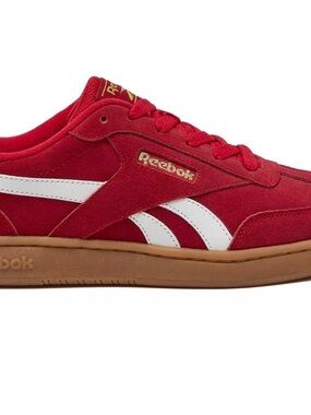 Reebok Classic Red Suede Sneakers with White Stripes and Gum Sole
